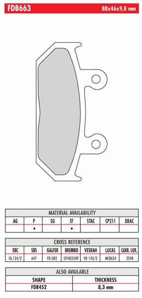 FR-FDB663 (9.8mm thick) - drawing NOT to scale - (pads also available 8.5mm thick - see FR-FDB452)